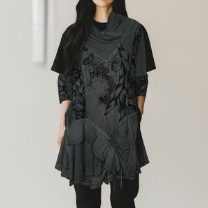 Angels Never Die Gray Graphic Print Long Sleeve Ruched Dress